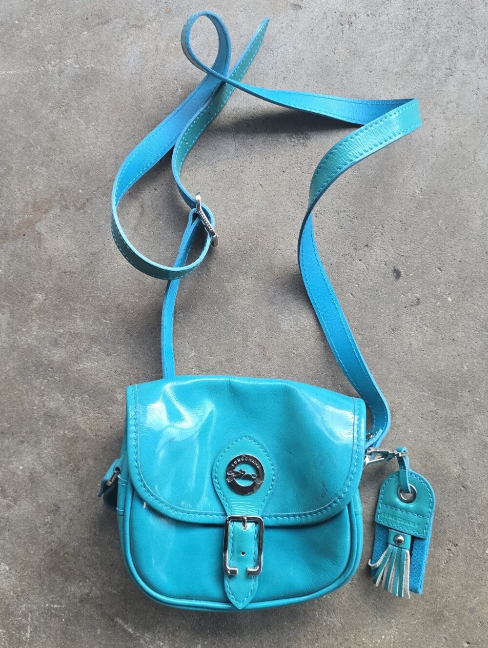 Vintage Longchamp Crossbody Bag Teal Buckle Patent Leather Bag